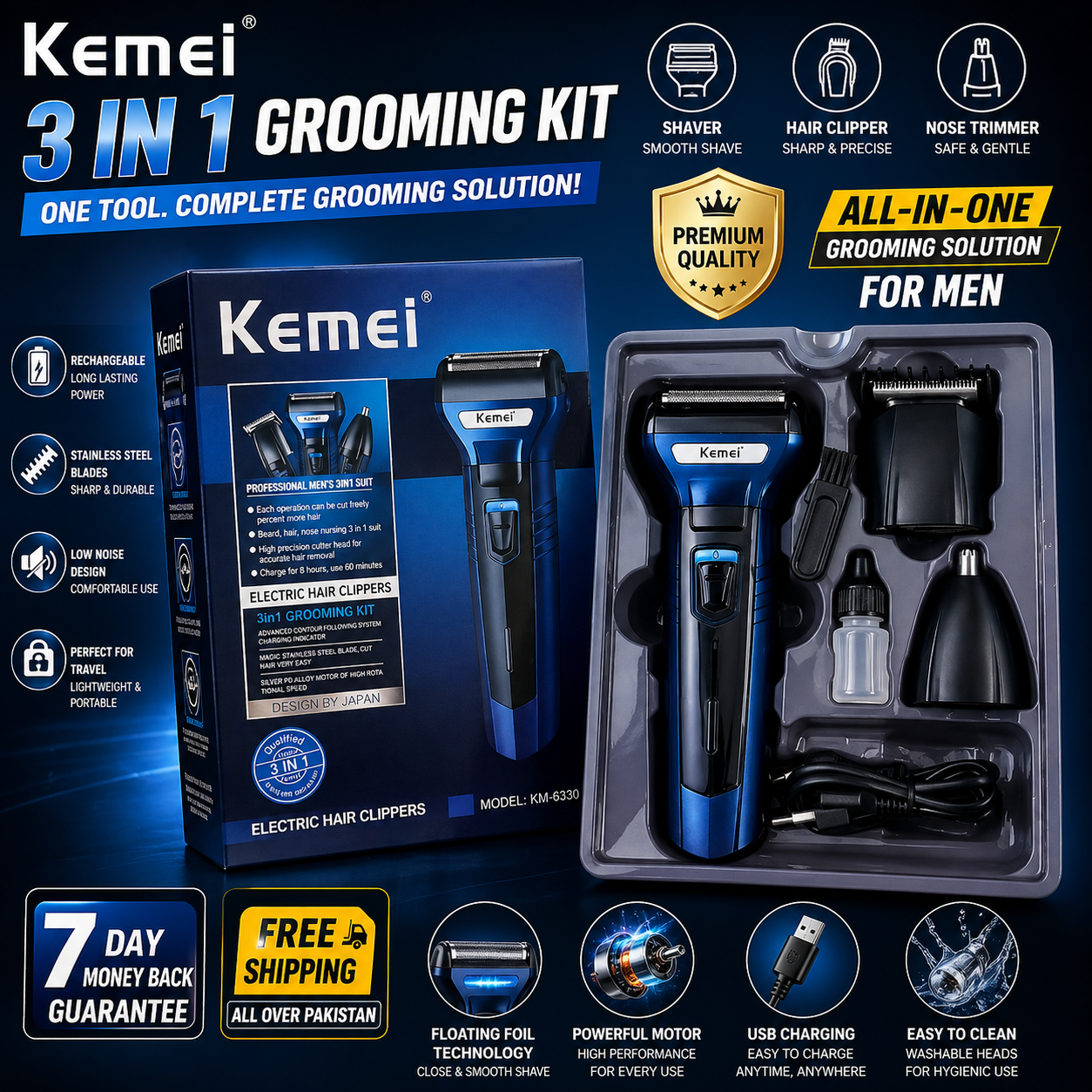 KEMEI 3 in 1 Professional Trimmer for Mens with Extra 3 Clippers