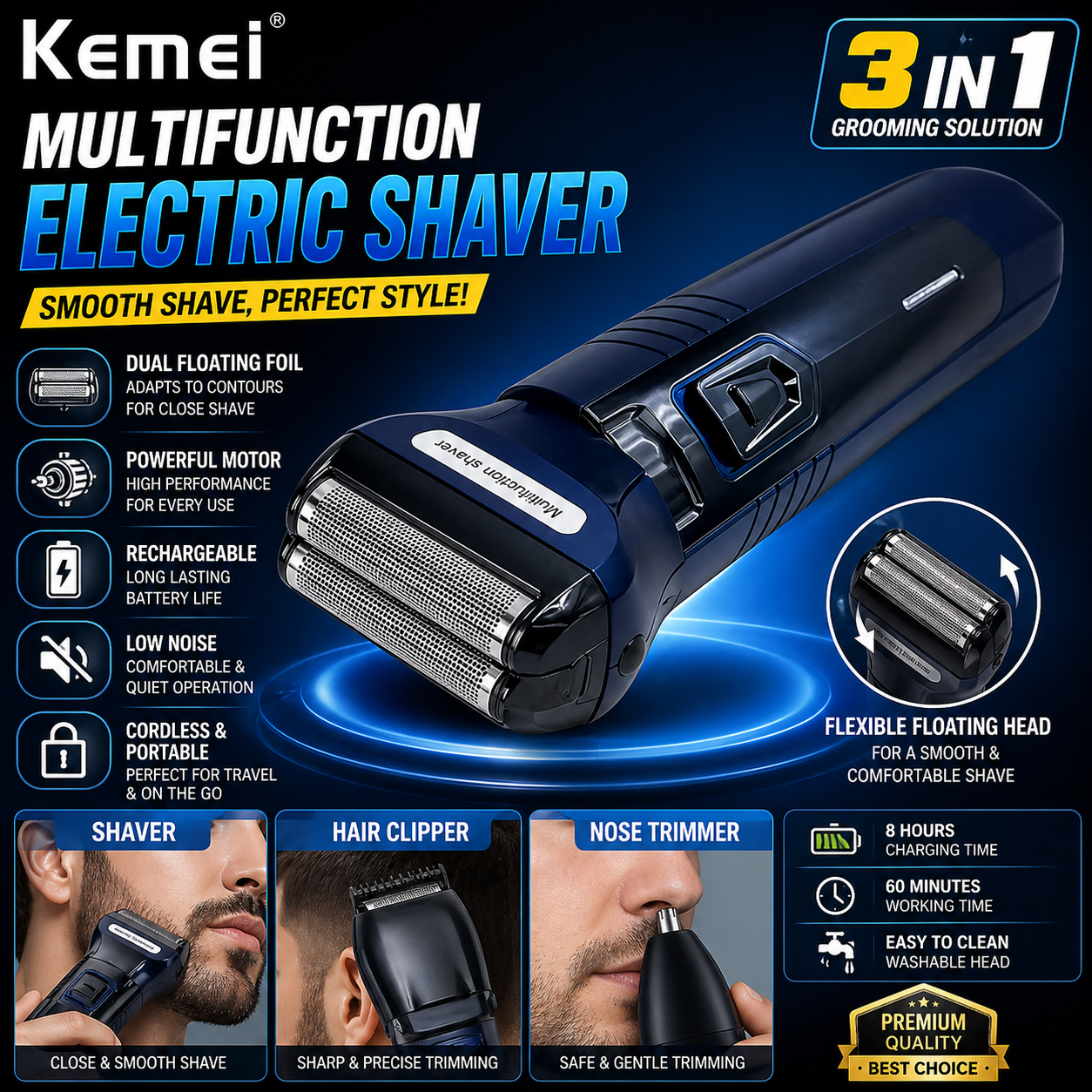 KEMEI 3 in 1 Professional Trimmer for Mens with Extra 3 Clippers