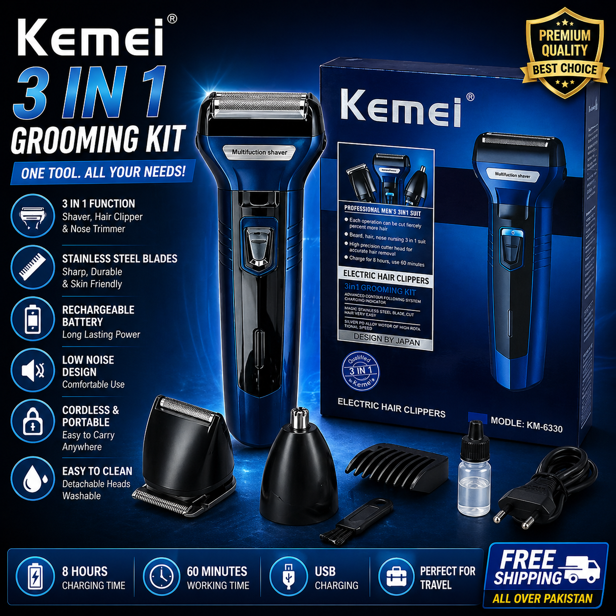 KEMEI 3 in 1 Professional Trimmer for Mens with Extra 3 Clippers