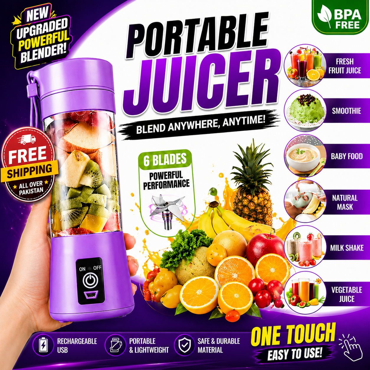 Portable Rechargeable Mini Juicer Machine - 6 Blades and Solid Material