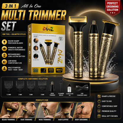 3 in 1 Professional Golden Metal Body Trimmer for Mens With 4 Clippers