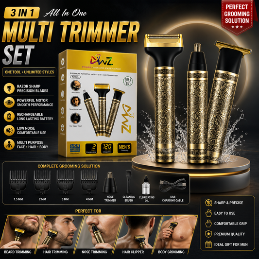3 in 1 Professional Golden Metal Body Trimmer for Mens With 4 Clippers