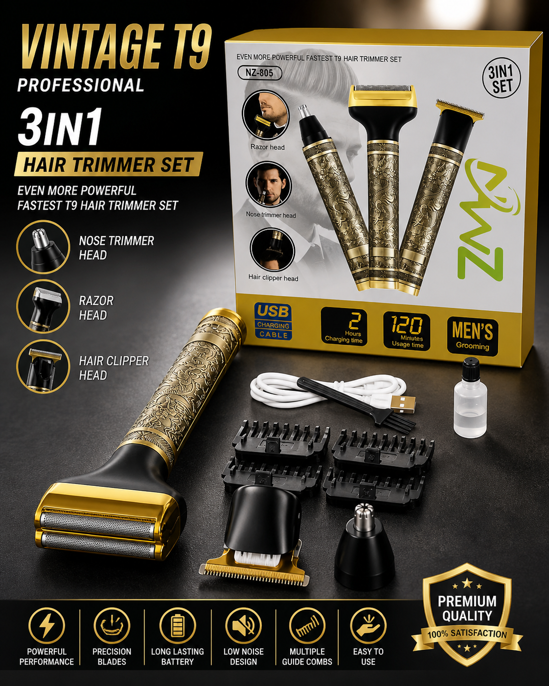 3 in 1 Professional Golden Metal Body Trimmer for Mens With 4 Clippers